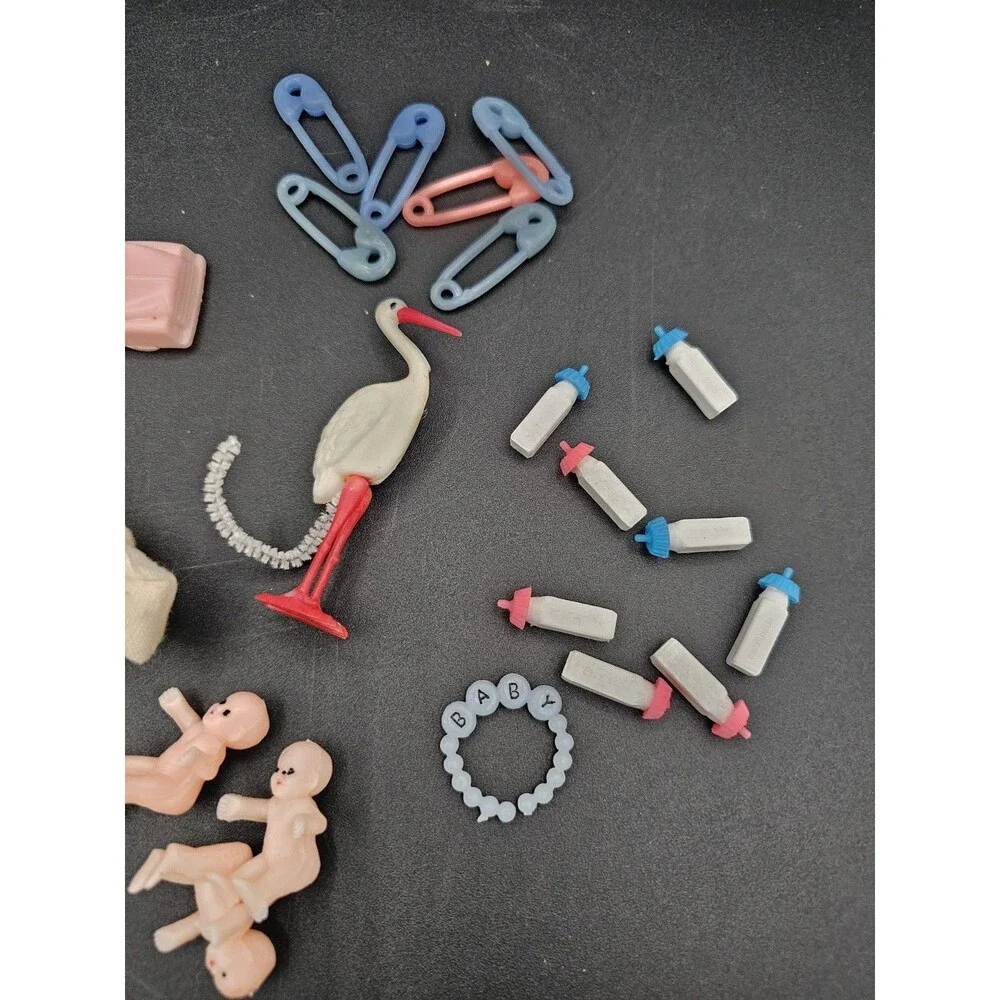 Baby Shower Cake Topper Lot Storks Plastic Diaper Pins Bottles Vtg Boy Or Girl